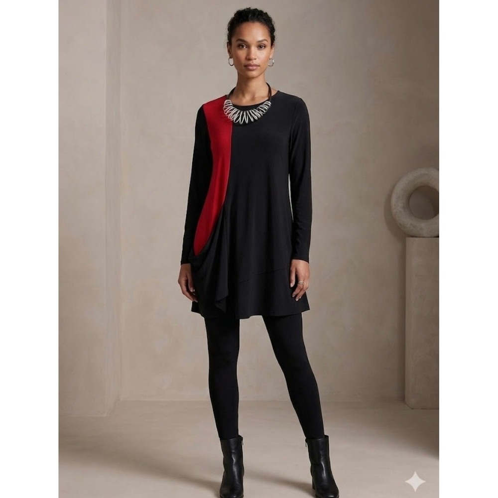 Sun Kim Lagenlook Colorblock Tunic  Black Red Long Sleeve Top SK532 Large Artsy